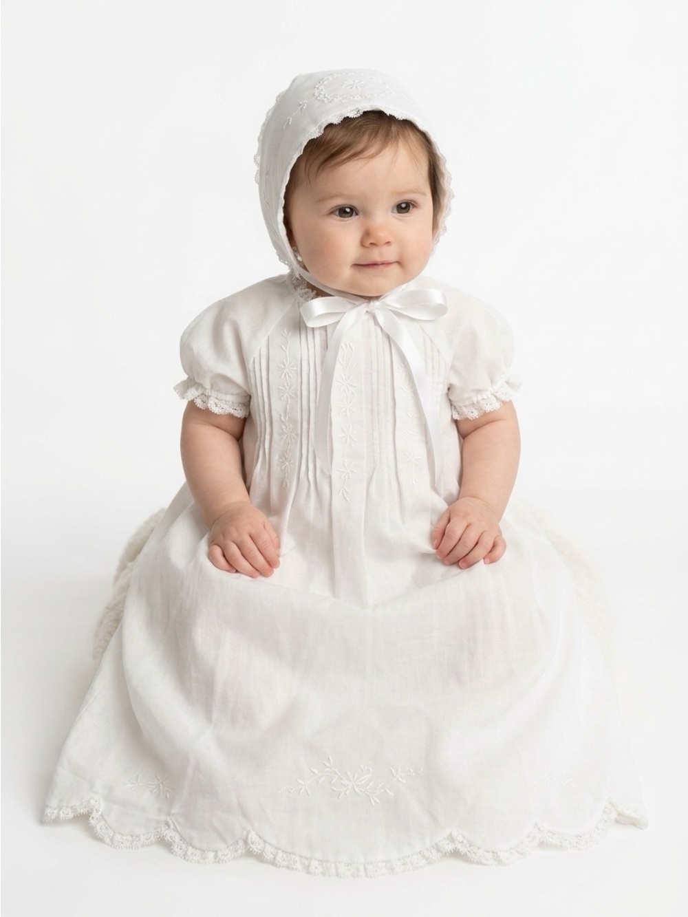 Vintage Christening Gown Bonnet Set Lace Trim Floral White 0-6M